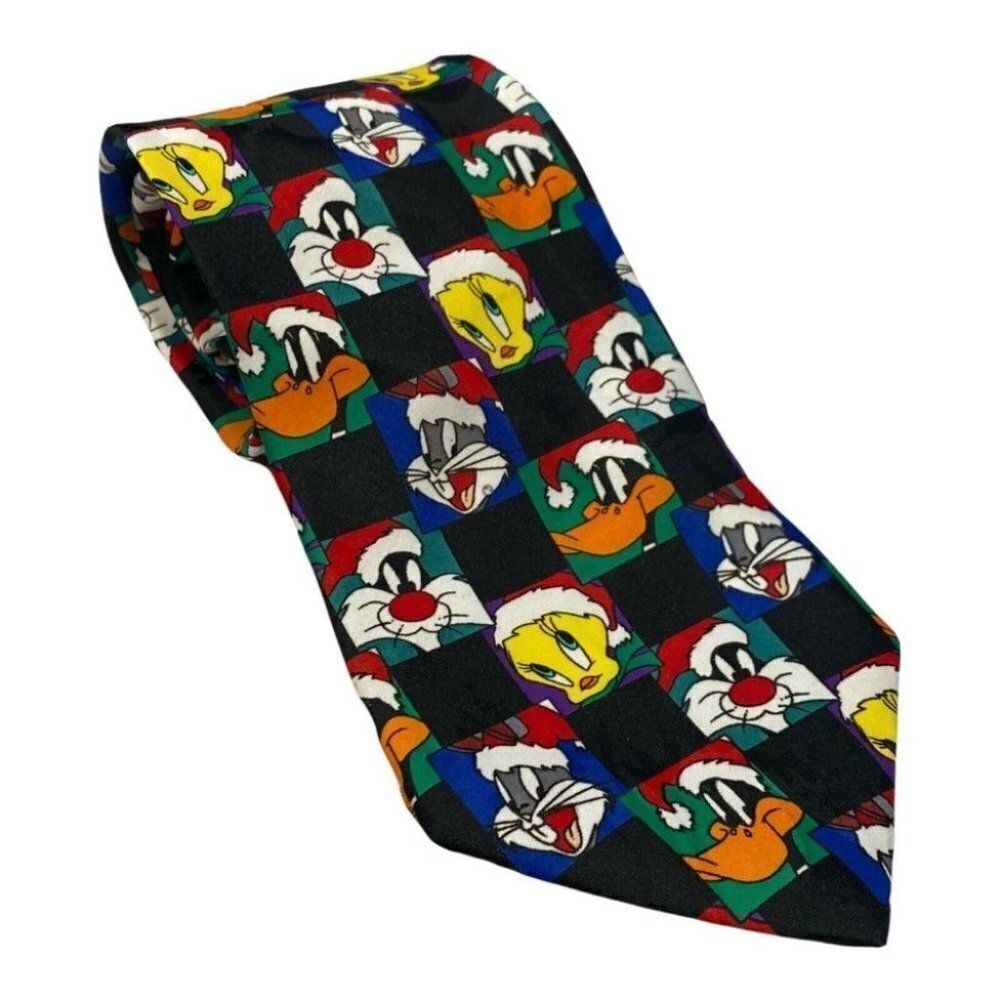 VINTAGE Looney Tunes Christmas Tie Necktie Daffy Bugs Sylvester Tweety 90s Santa